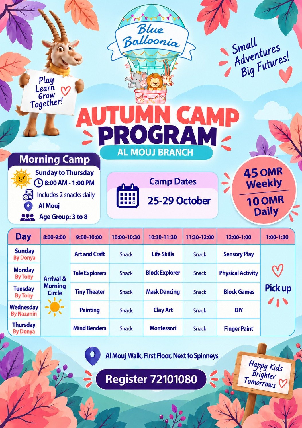 Al Mouj Autumn Camp weekly activity timetable, 25–29 October 2026, Sunday to Thursday, 8 AM–1 PM, ages 3 to 8.