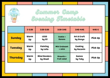 Summer Camp: Evening Timetable · 2025