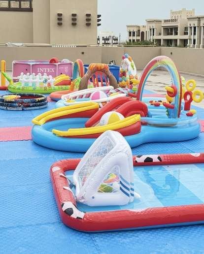 Rooftop pools and water-play setup