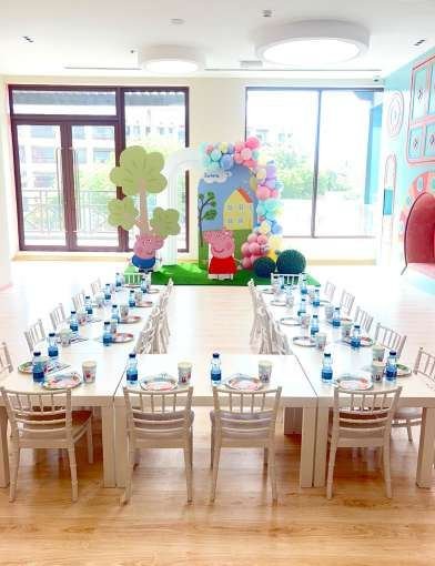 Plastic chairs with wooden tables