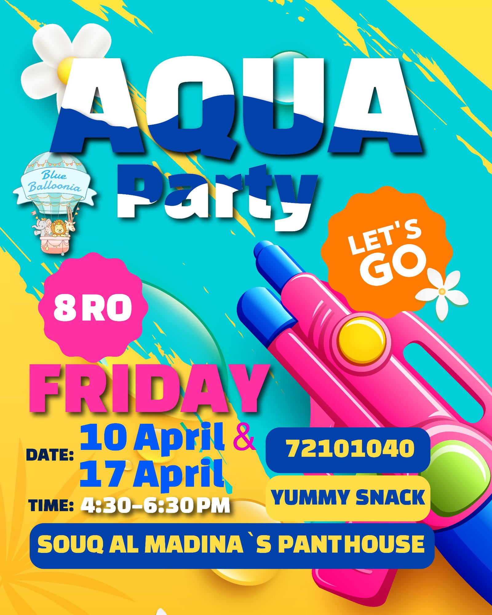 Aqua Party poster for 10 and 17 April, from 4:30 to 6:30 pm at Souq Al Madina.