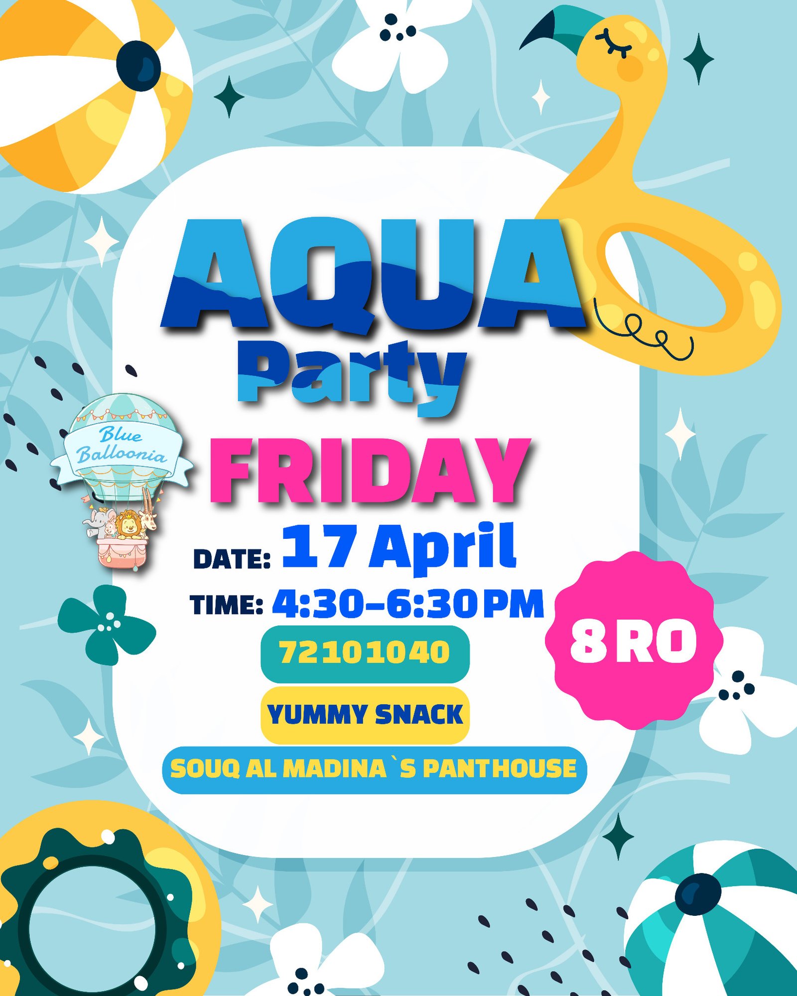 Aqua Party poster for 17 April, from 4:30 to 6:30 pm.