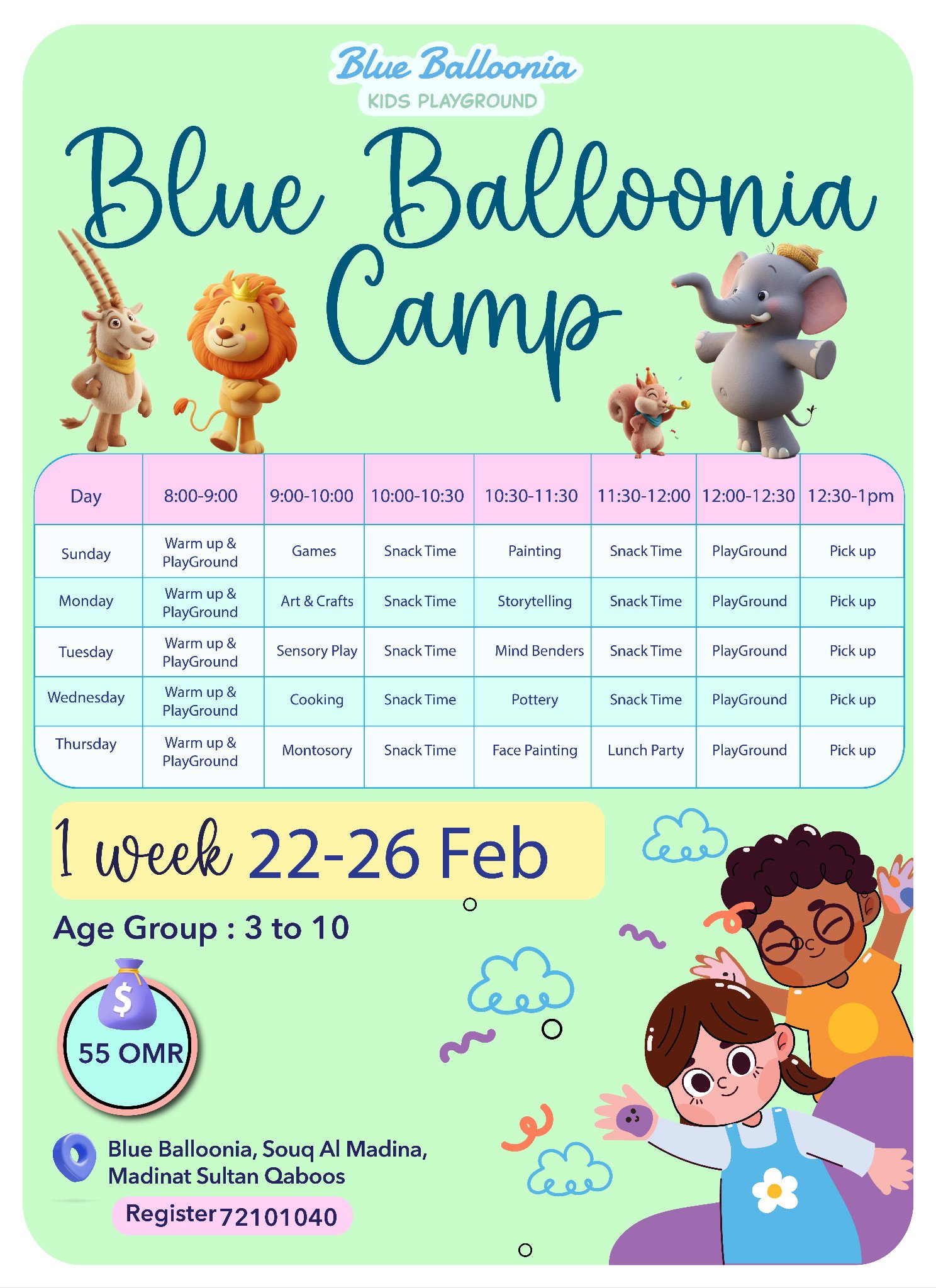 Blue Balloonia Camp poster with a one-week activity schedule for 22 to 26 February.