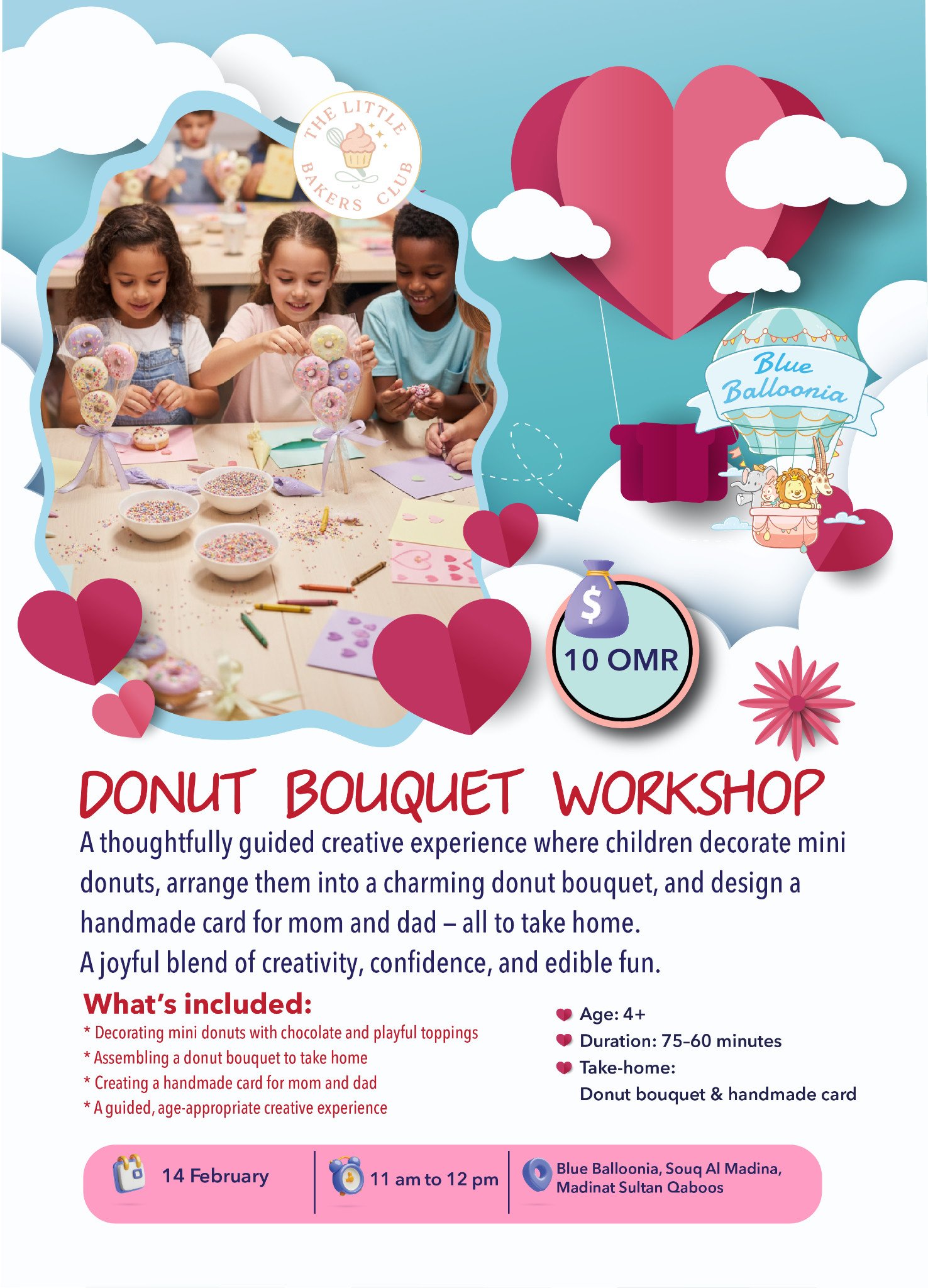 Donut Bouquet workshop poster for 14 February, with mini-donut decorating and handmade cards.