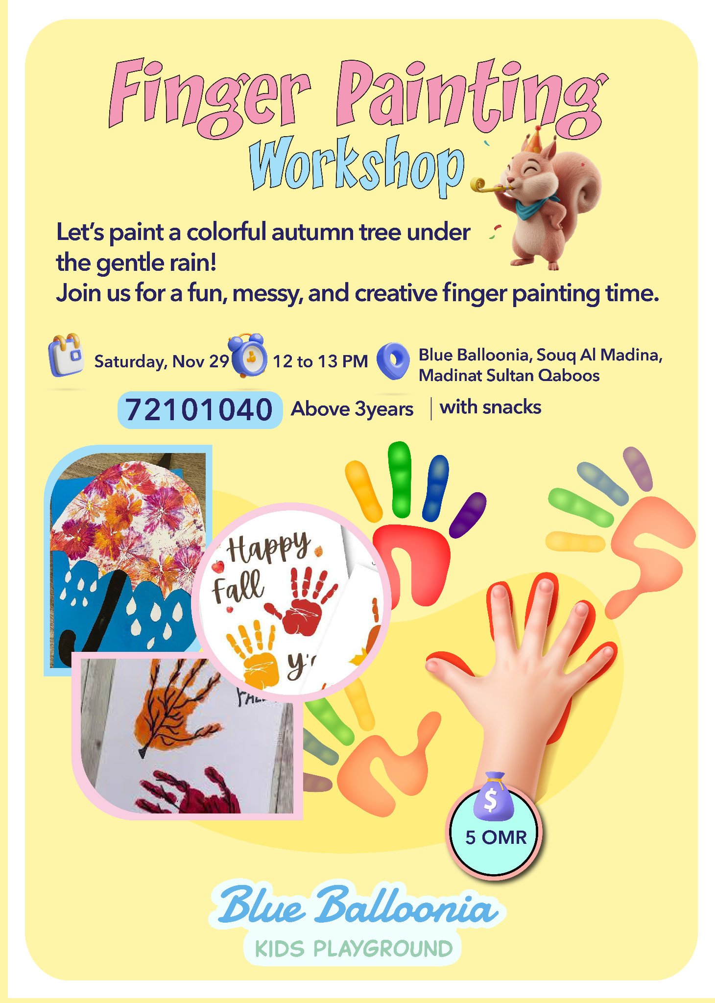 Finger Painting workshop poster for 29 November, featuring an autumn tree and colourful handprints.
