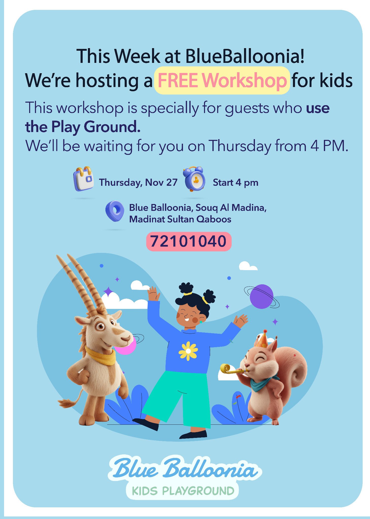 Free workshop poster for playground guests at Blue Balloonia on 27 November.