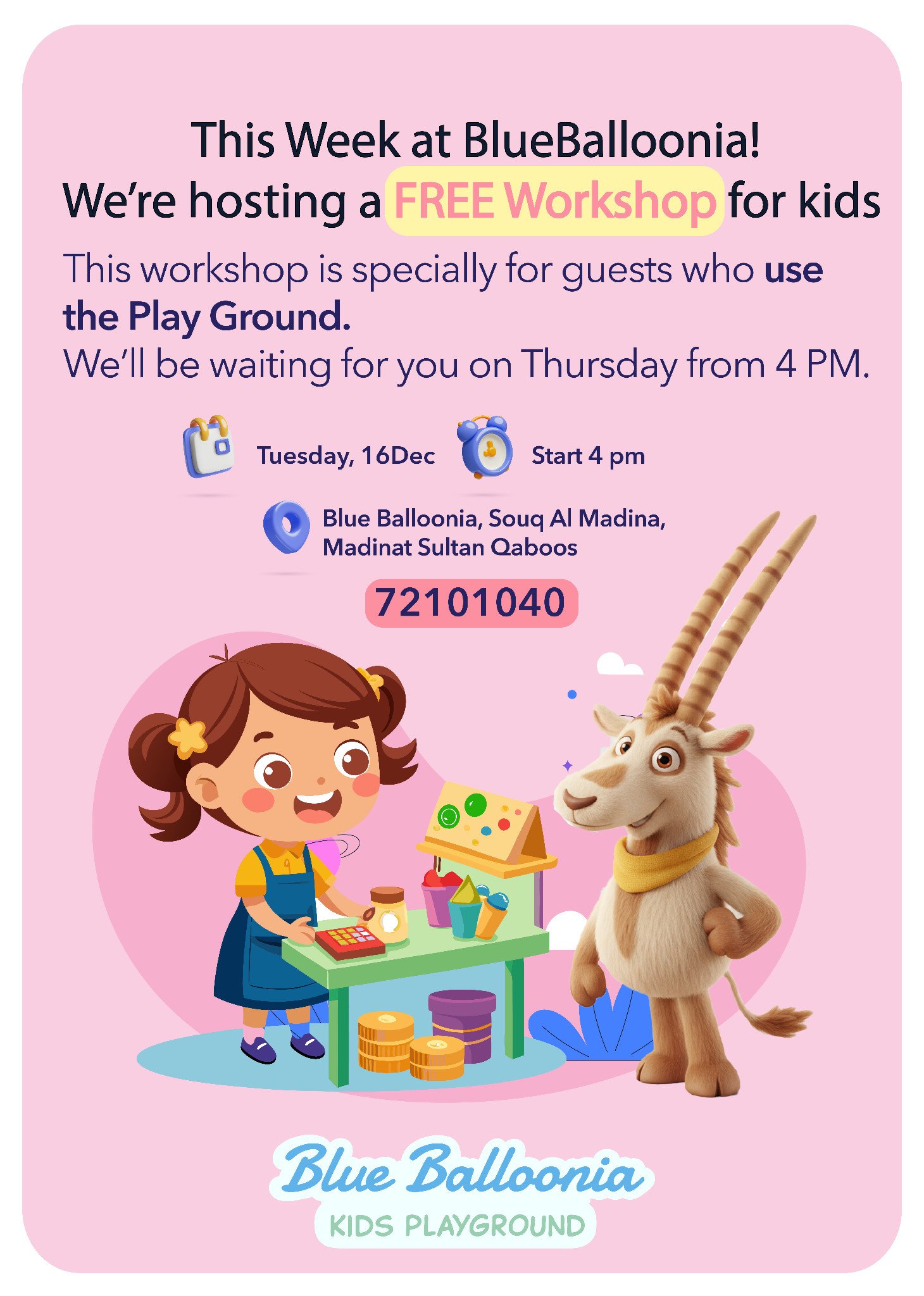 Free workshop poster for children using the Blue Balloonia playground.