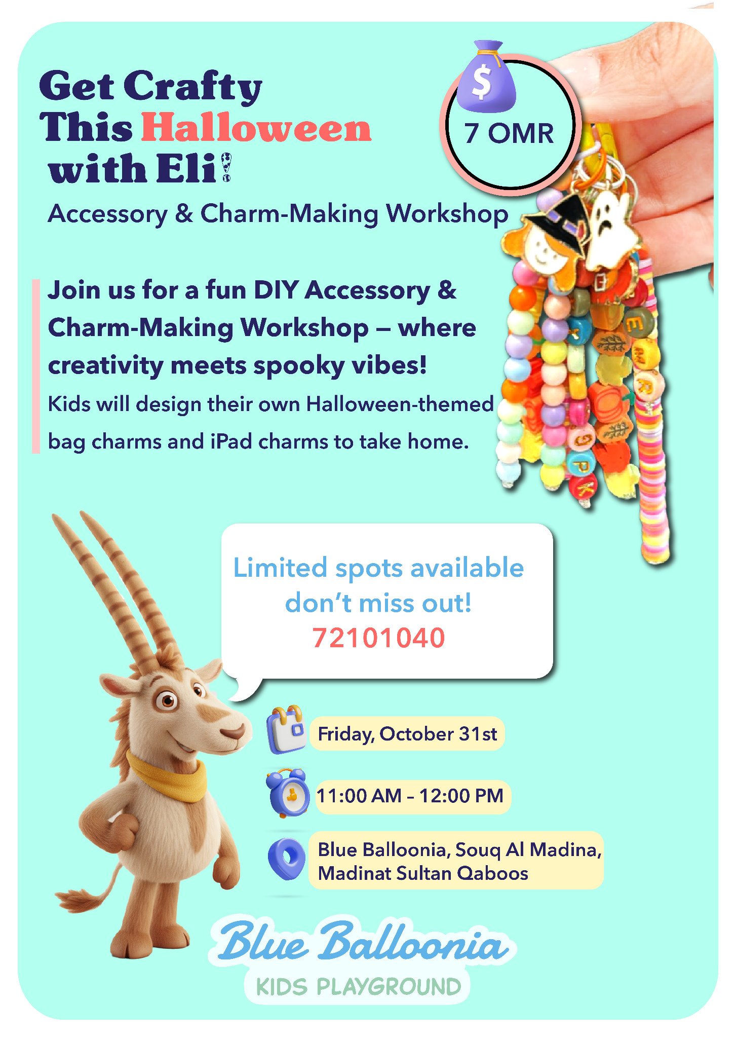 Halloween accessory and charm-making workshop poster with Eli for 31 October.