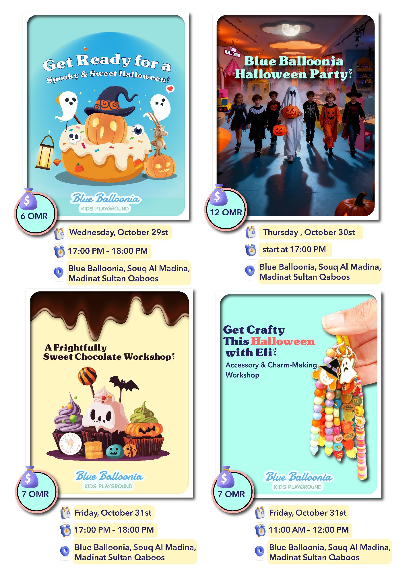Four-panel Halloween poster showing a sweet activity, Halloween party, Sweet Chocolate Workshop and Eli charm-making workshop.