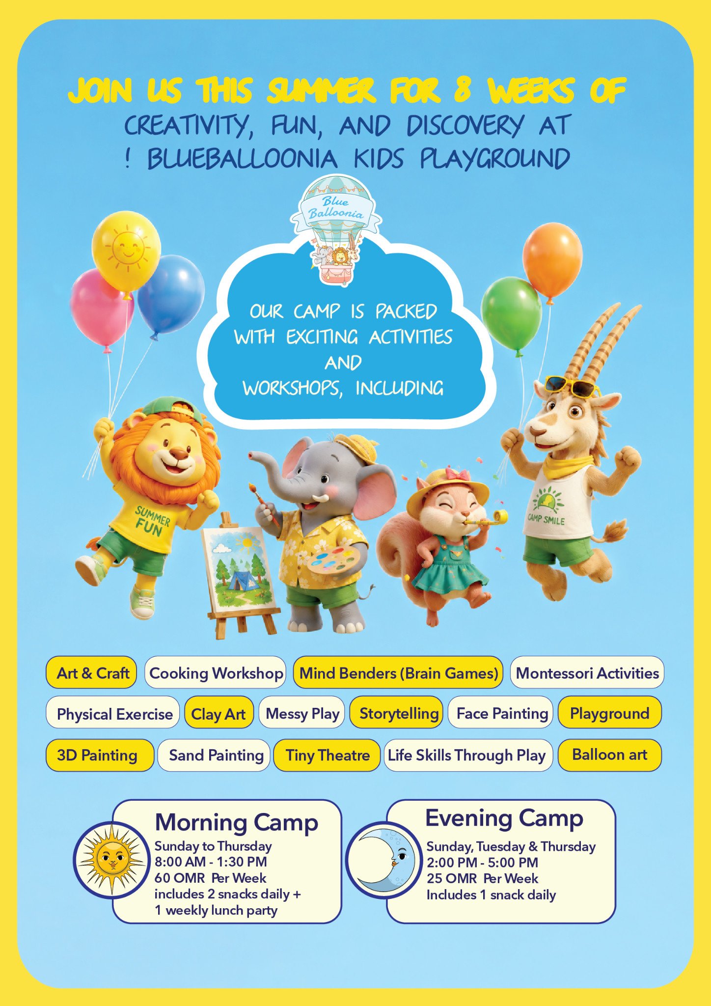 Kids Summer Camp poster listing creative activities, morning and evening sessions at Blue Balloonia.