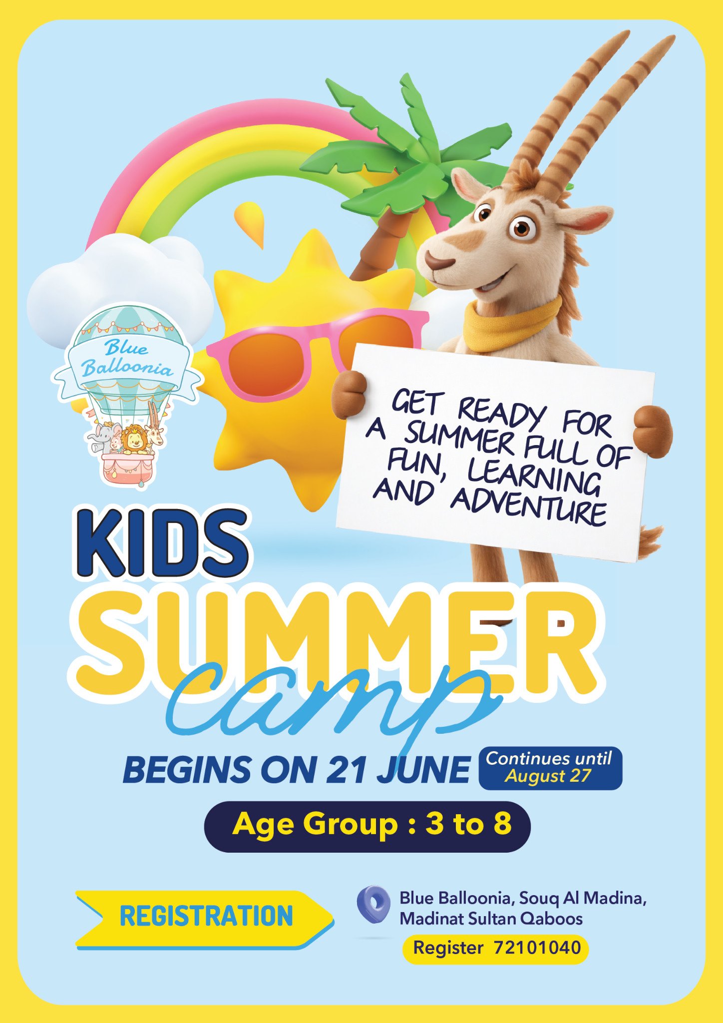 Kids Summer Camp poster for ages three to eight at Souq Al Madina, from 21 June to 27 August.