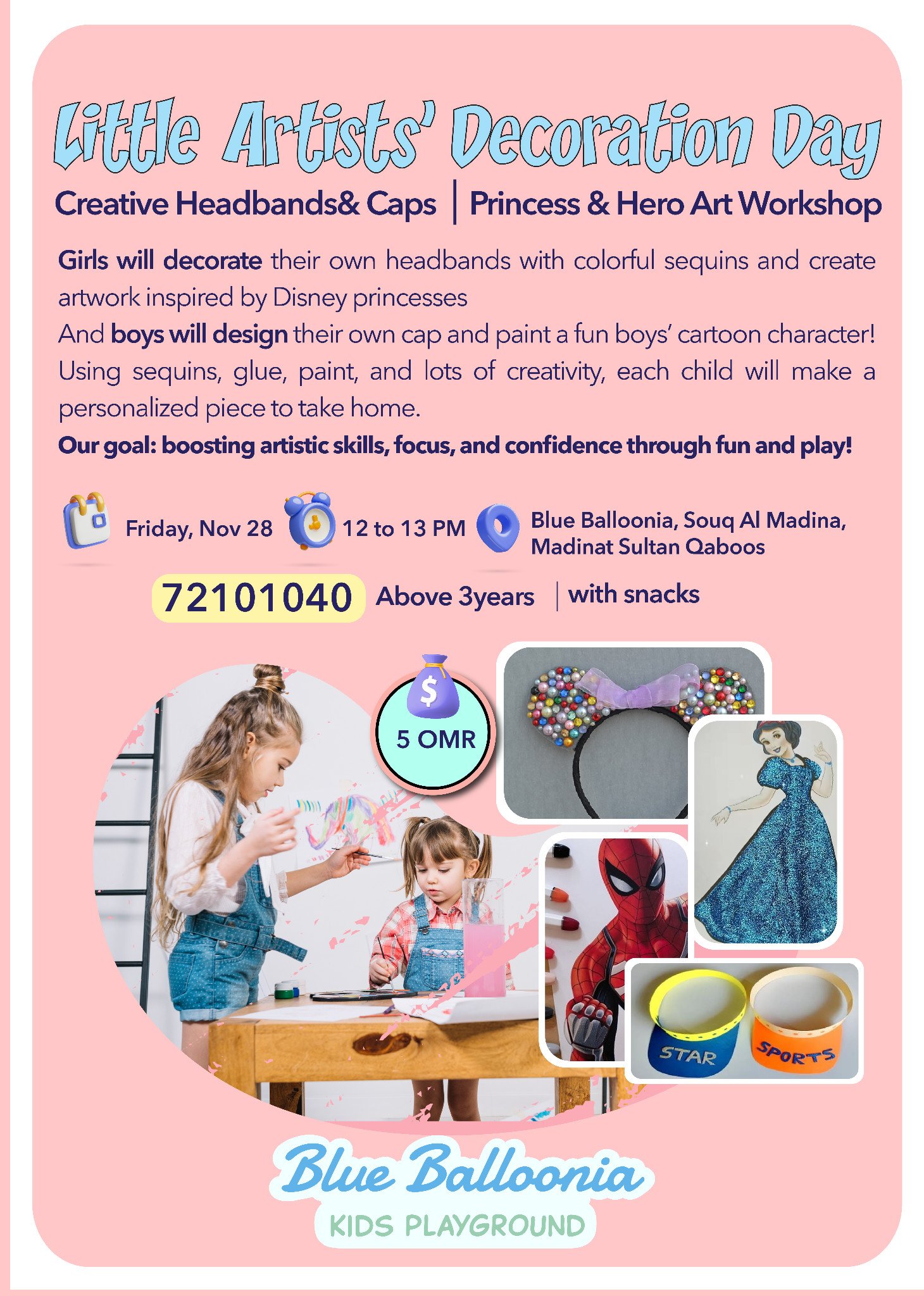 Little Artists’ Decoration Day poster for 28 November, featuring headbands, caps and character art.