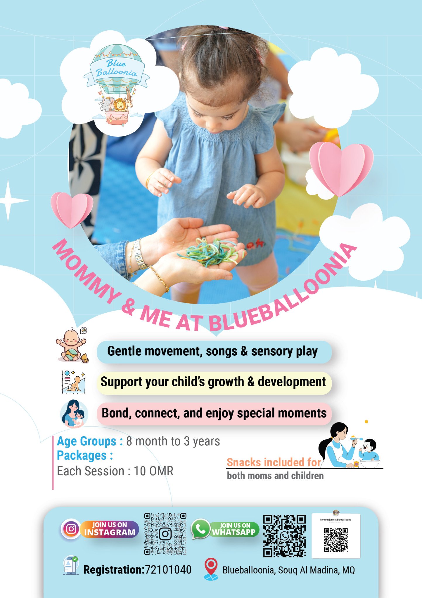 Mommy and Me poster featuring gentle movement, songs and sensory play for children from eight months to three years.