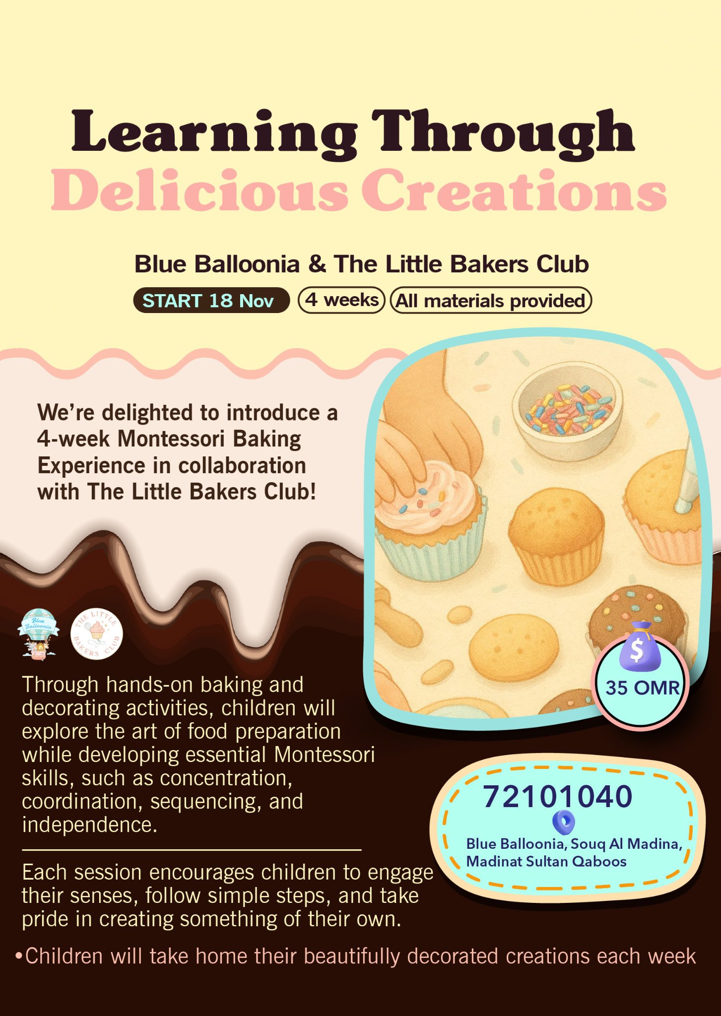 Four-week Montessori baking workshop poster with The Little Bakers Club, beginning 18 November.