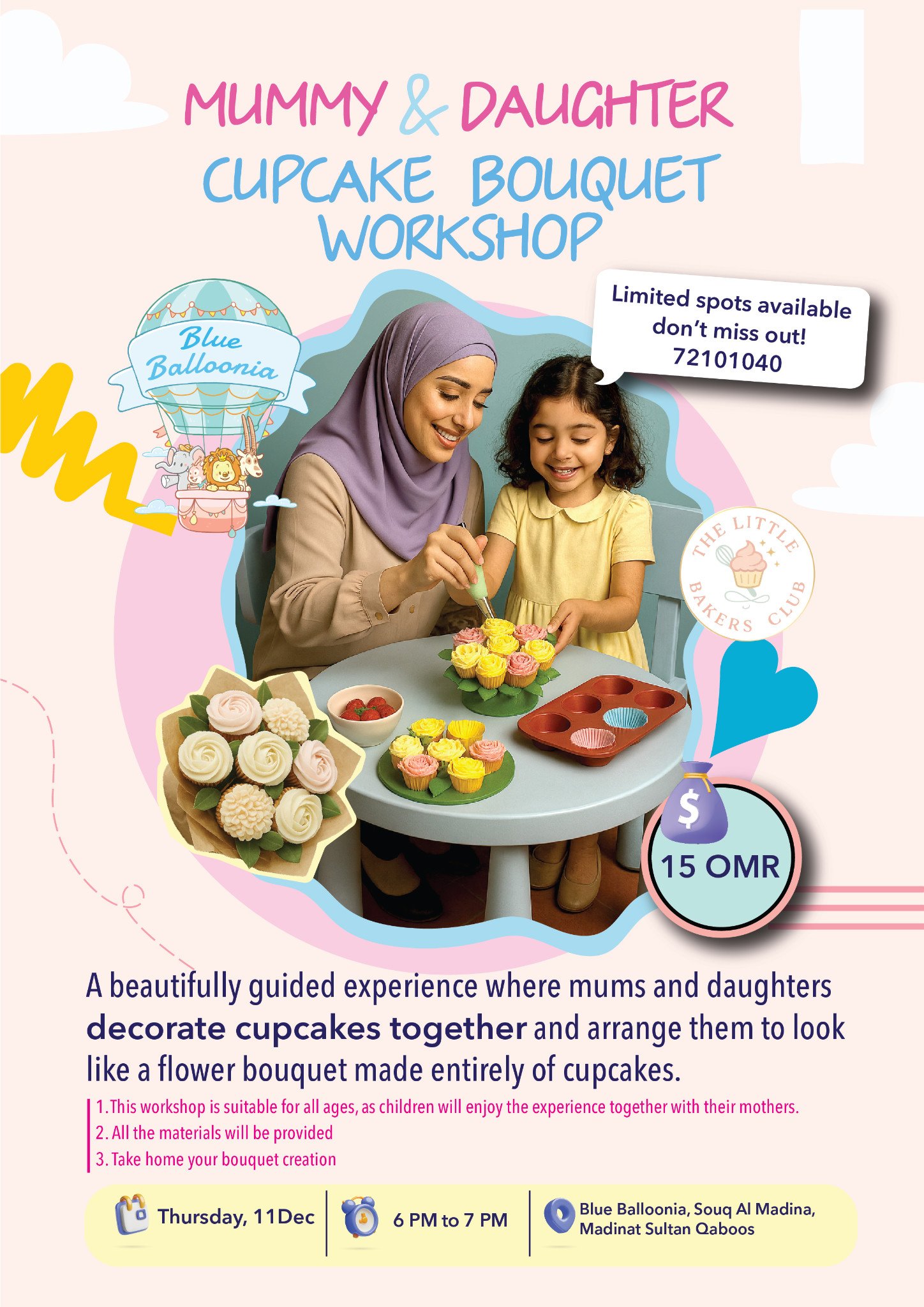 Mummy and Daughter Cupcake Bouquet workshop poster for 11 December at Blue Balloonia.