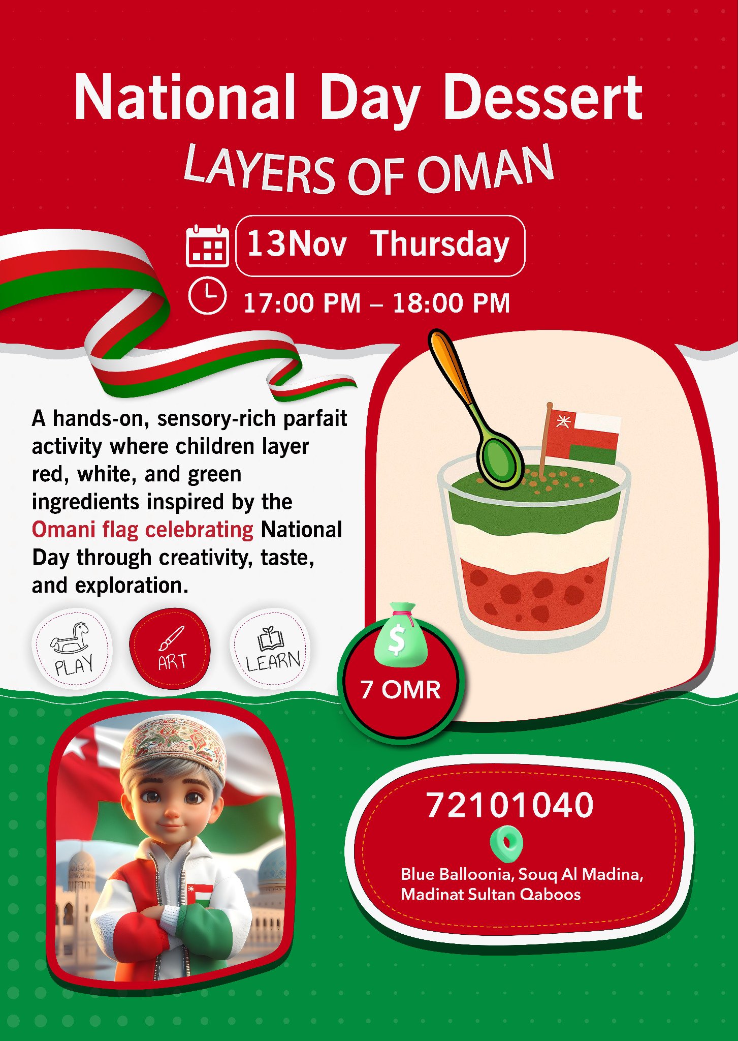 National Day Dessert workshop poster for 13 November, featuring a red, white and green Layers of Oman parfait.