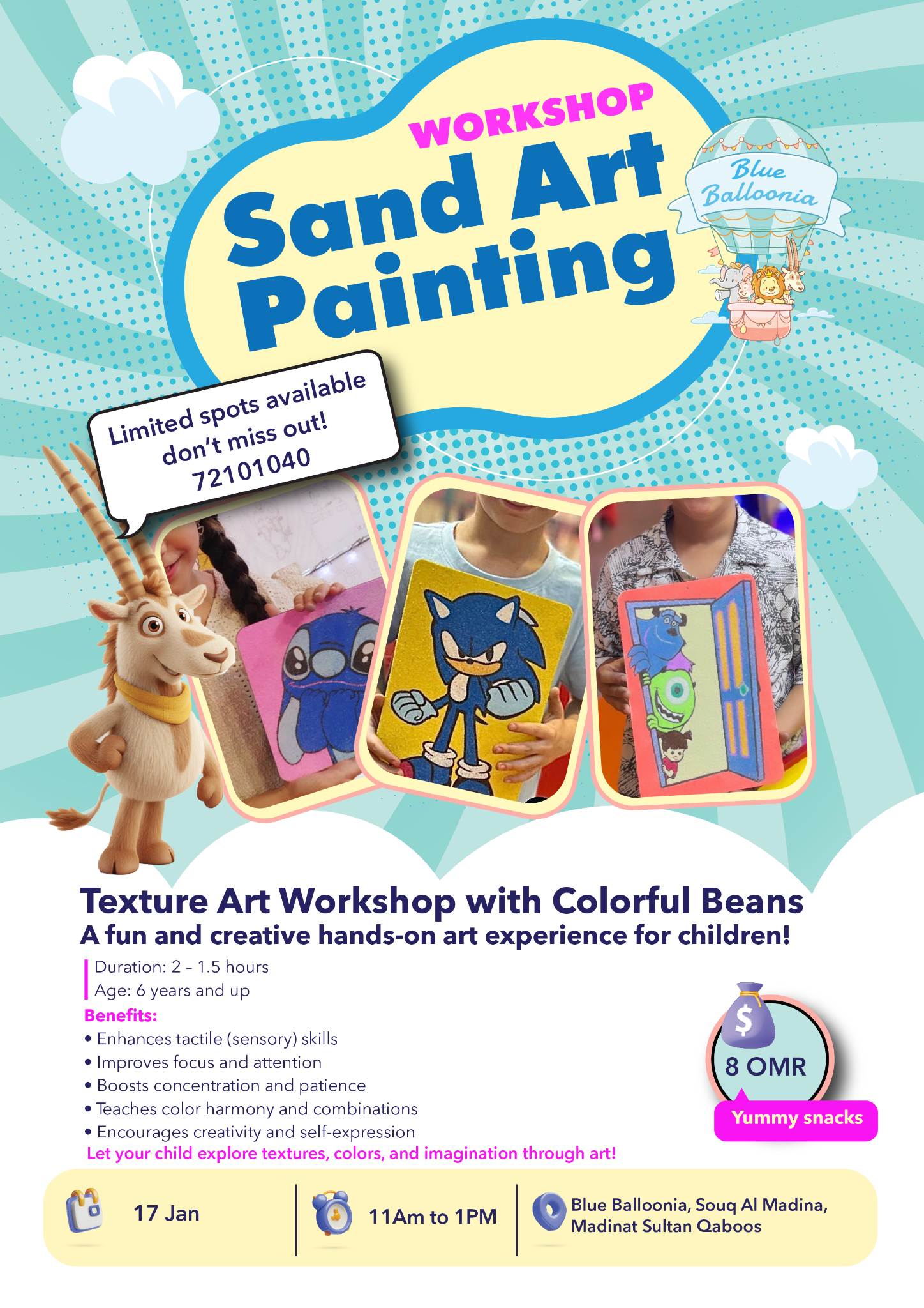 Sand Art Painting workshop poster for 17 January at Blue Balloonia, featuring colourful textured art.