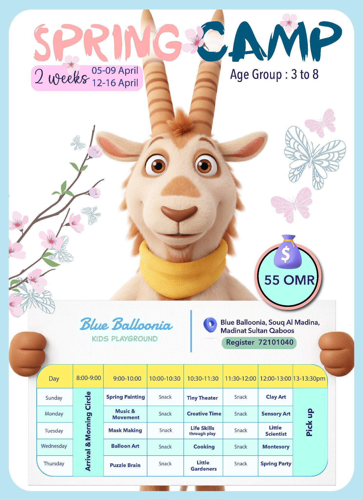 Spring Camp poster with activities for children aged three to eight on 5–9 and 12–16 April.