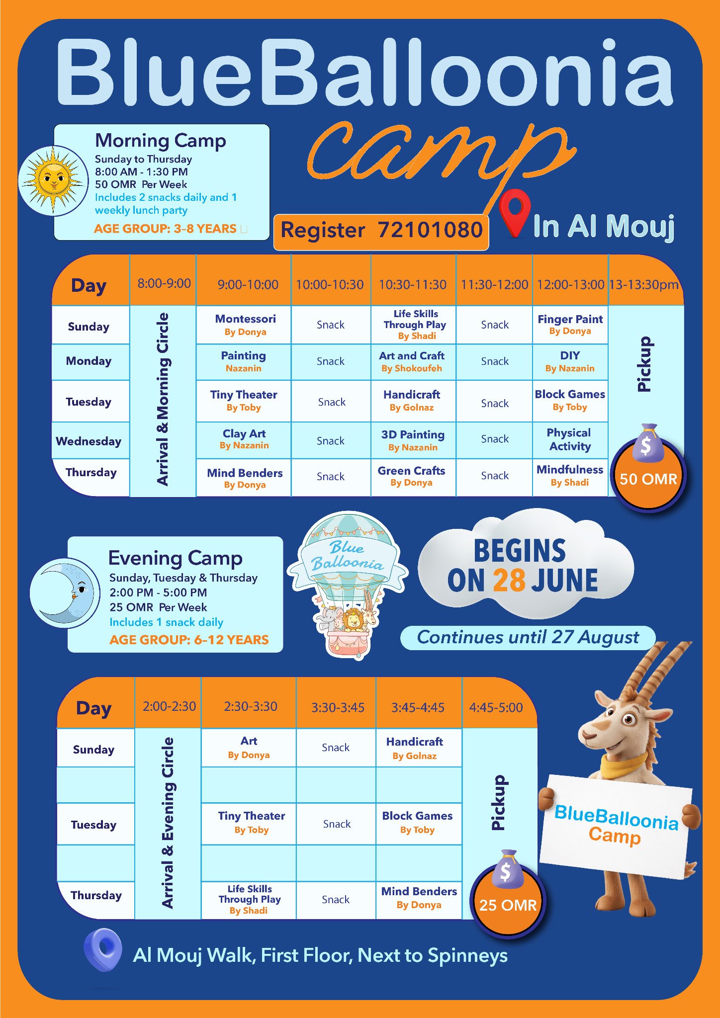 Summer Camp in Al Mouj poster with morning and evening activity schedules, 28 June to 27 August.