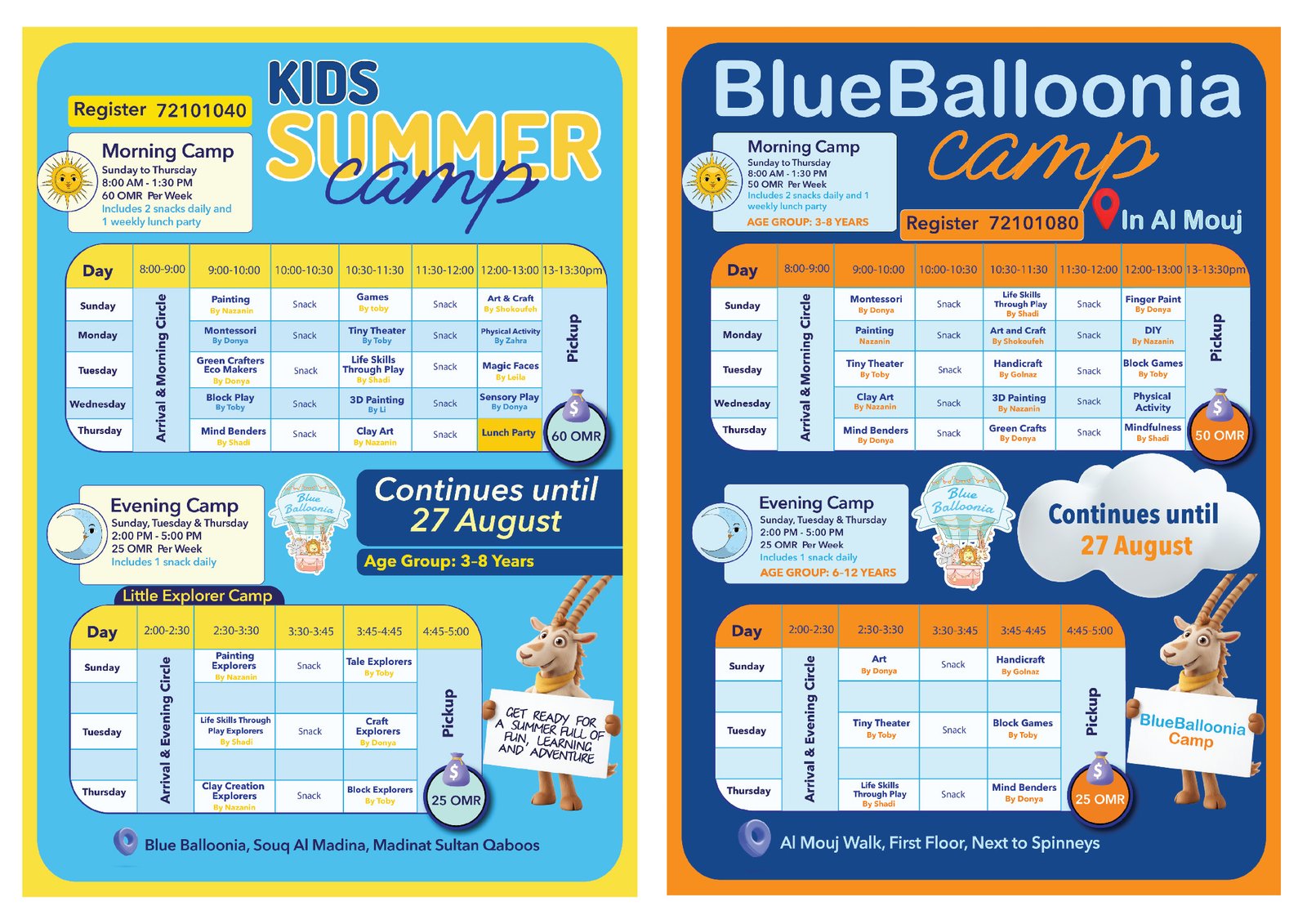 Side-by-side summer camp activity schedules for Souq Al Madina and Al Mouj, continuing to 27 August.