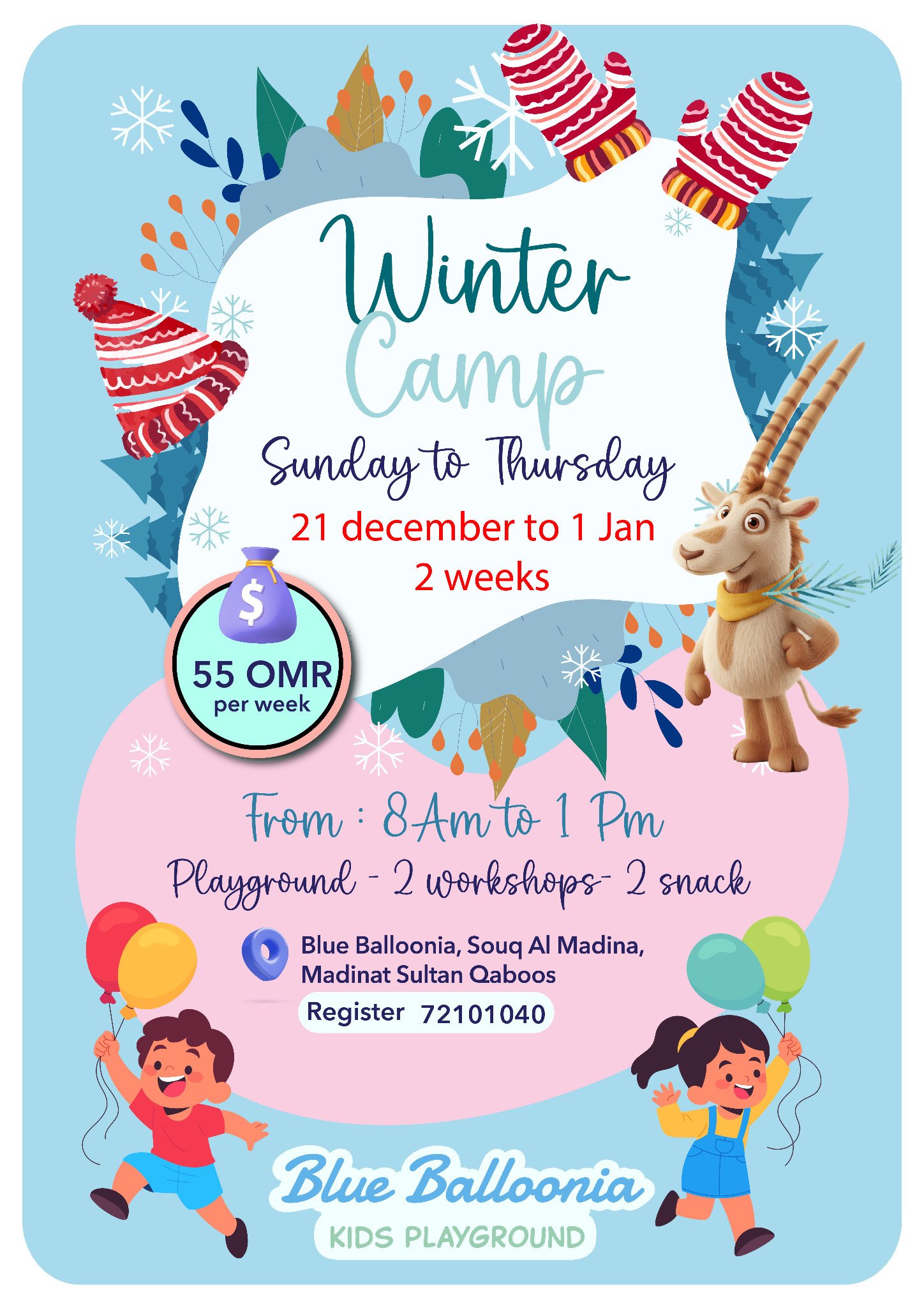 Winter Camp poster for 21 December to 1 January at Blue Balloonia, Souq Al Madina.