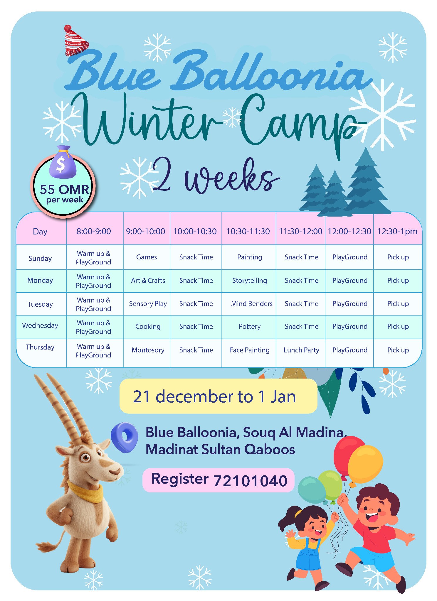 Winter Camp weekly activity schedule for games, art, storytelling, cooking and playground time.